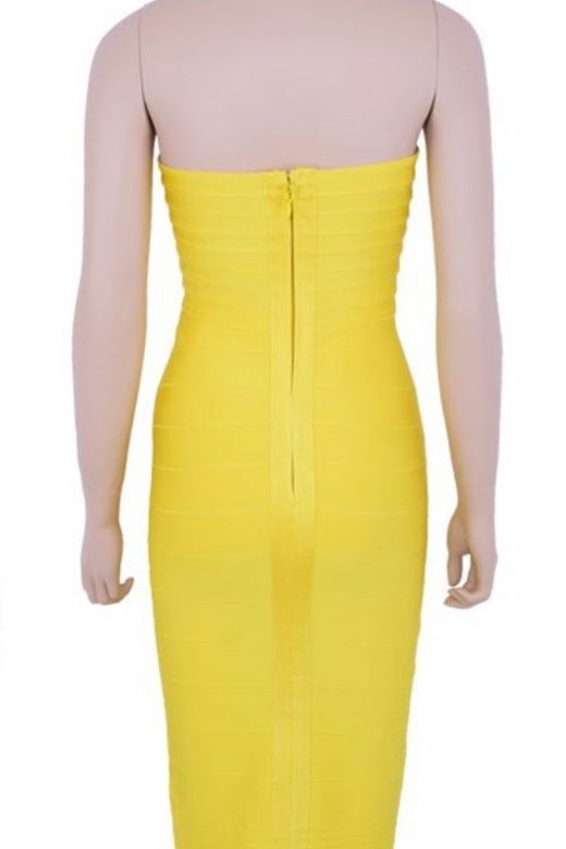 Woman wearing a figure flattering Aaliyah Bandage Midi Dress - Sun Yellow BODYCON COLLECTION Pty Ltd