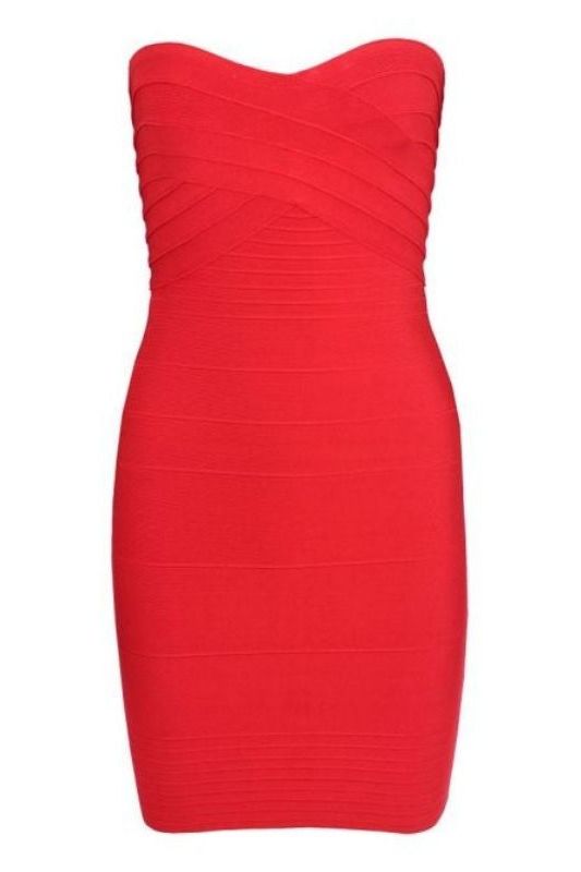 Woman wearing a figure flattering Aaliyah Bandage Mini Dress - Lipstick Red BODYCON COLLECTION