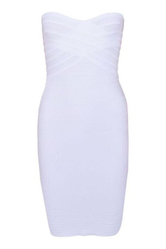 Woman wearing a figure flattering Aaliyah Bandage Mini Dress - Pearl White BODYCON COLLECTION