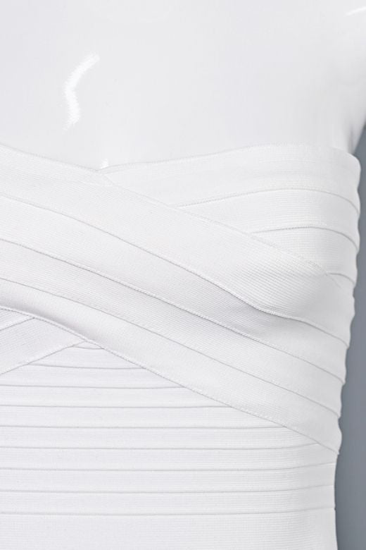 Woman wearing a figure flattering Aaliyah Bandage Mini Dress - White Pearl BODYCON COLLECTION