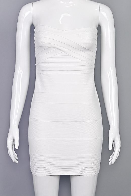 Woman wearing a figure flattering Aaliyah Bandage Mini Dress - White Pearl BODYCON COLLECTION