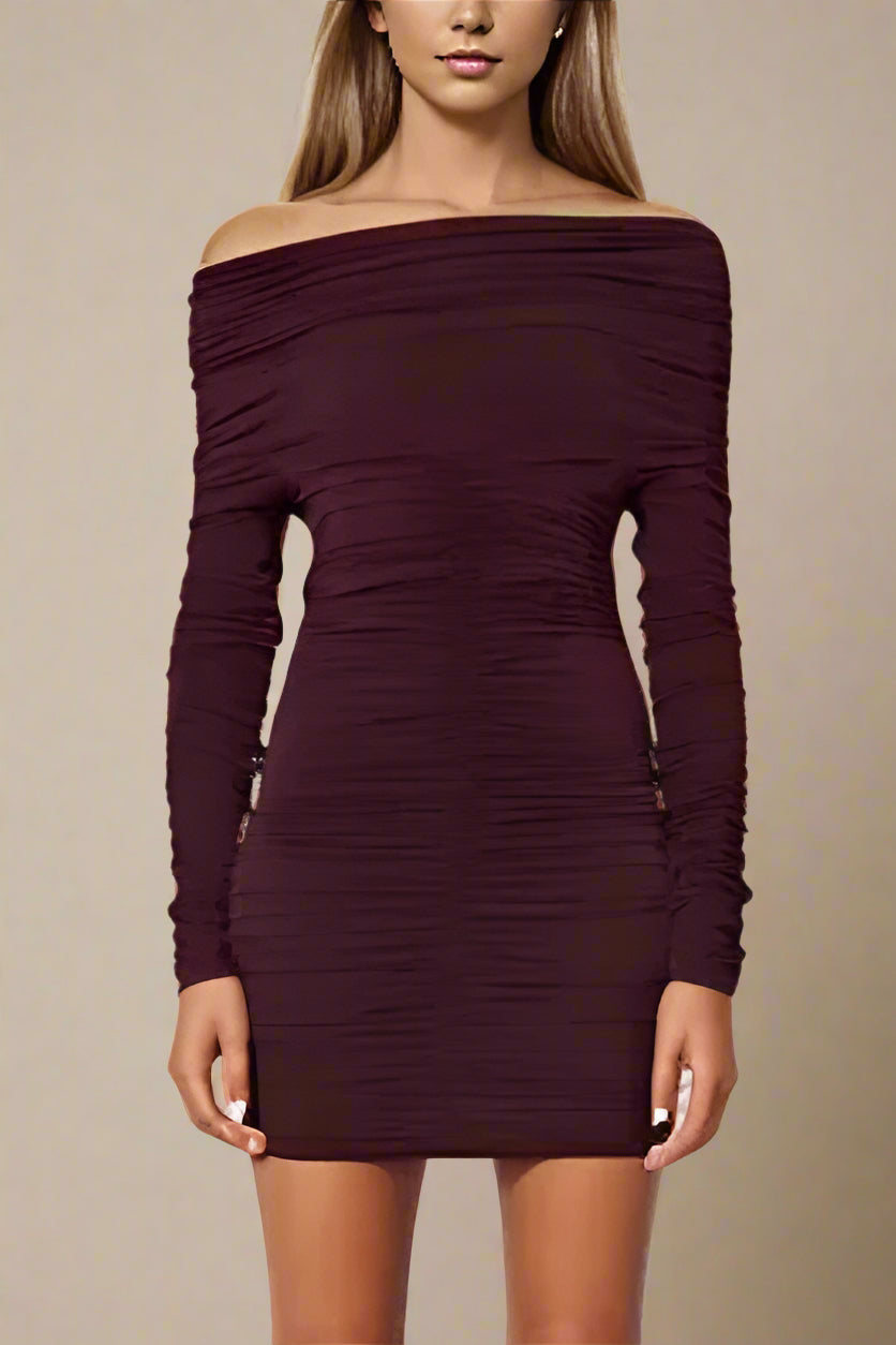 Woman wearing a figure flattering Alessandra Long Sleeve Wrap Bodycon Mini Dress - Red Wine BODYCON COLLECTION