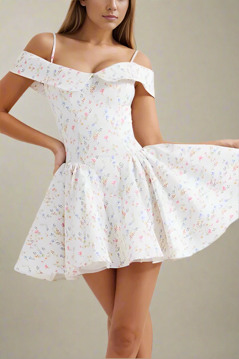 Woman wearing a figure flattering Allanah Bodycon Day Mini Dress - Pearl White BODYCON COLLECTION