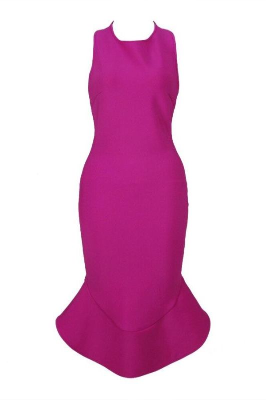 Woman wearing a figure flattering Ama Bodycon Backless Dress - Neon Purple BODYCON COLLECTION