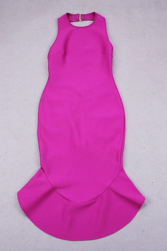 Woman wearing a figure flattering Ama Bodycon Backless Dress - Neon Purple BODYCON COLLECTION