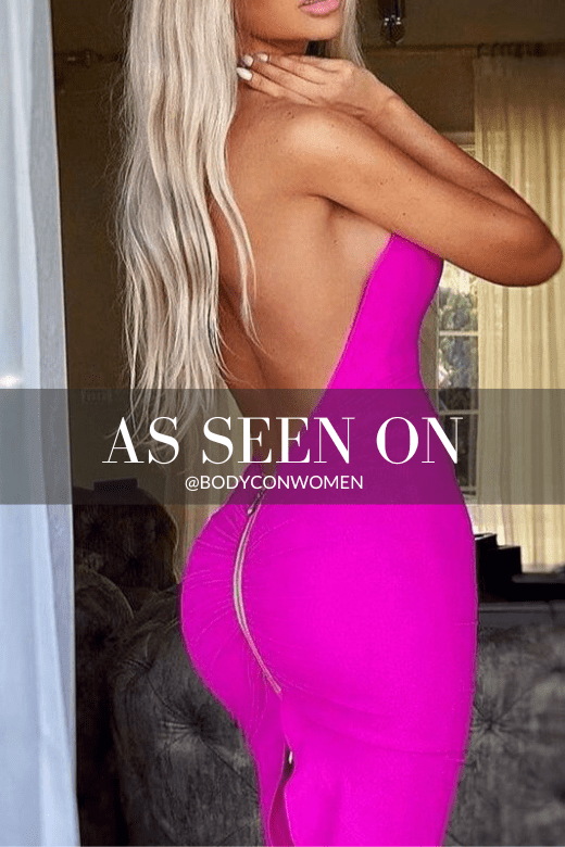 Woman wearing a figure flattering Ama Bodycon Backless Dress - Neon Purple BODYCON COLLECTION