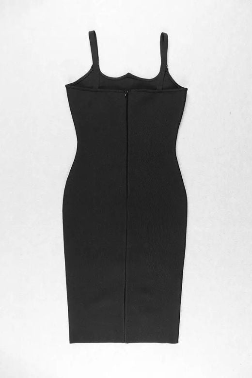 Woman wearing a figure flattering Amber Bandage Dress - Classic Black Bodycon Collection