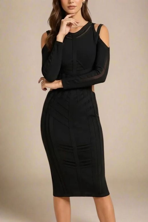Woman wearing a figure flattering Amelia Long Sleeve Bandage Dress - Classic Black BODYCON COLLECTION