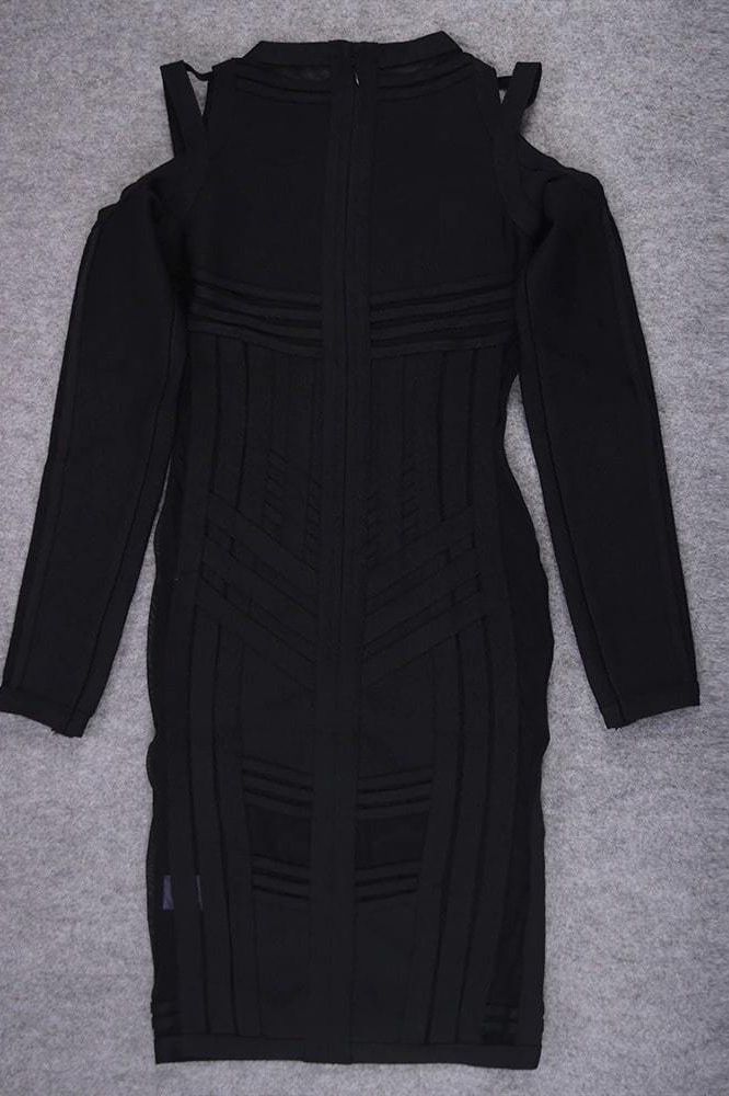 Woman wearing a figure flattering Amelia Long Sleeve Bandage Dress - Classic Black BODYCON COLLECTION