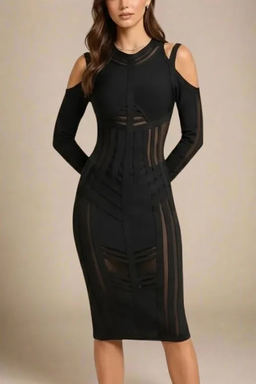 Woman wearing a figure flattering Amelia Long Sleeve Bandage Dress - Classic Black BODYCON COLLECTION