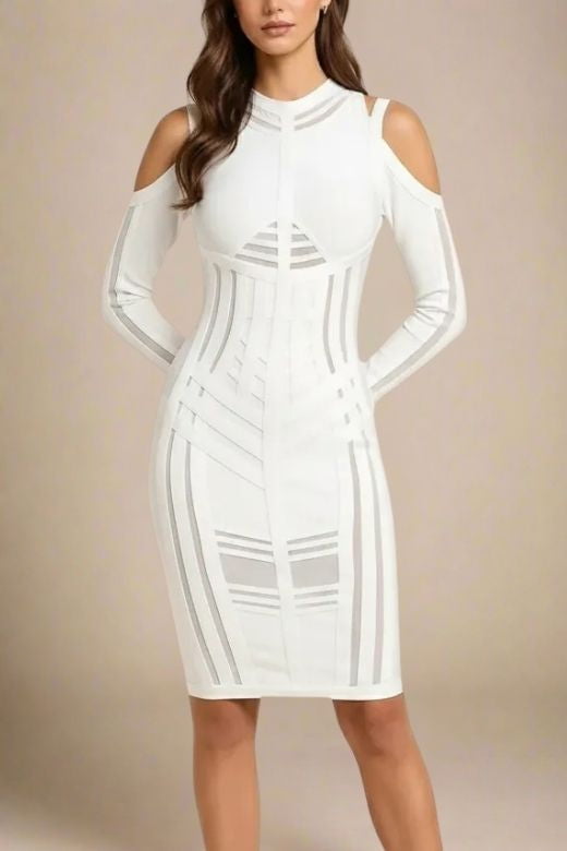 Woman wearing a figure flattering Amelia Long Sleeve Bandage Dress - White Pearl BODYCON COLLECTION