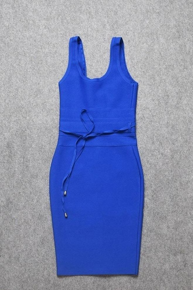 Woman wearing a figure flattering Amy Bandage Dress - Royal Blue Bodycon Collection