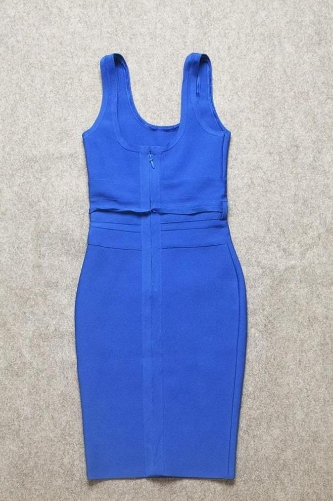 Woman wearing a figure flattering Amy Bandage Dress - Royal Blue Bodycon Collection
