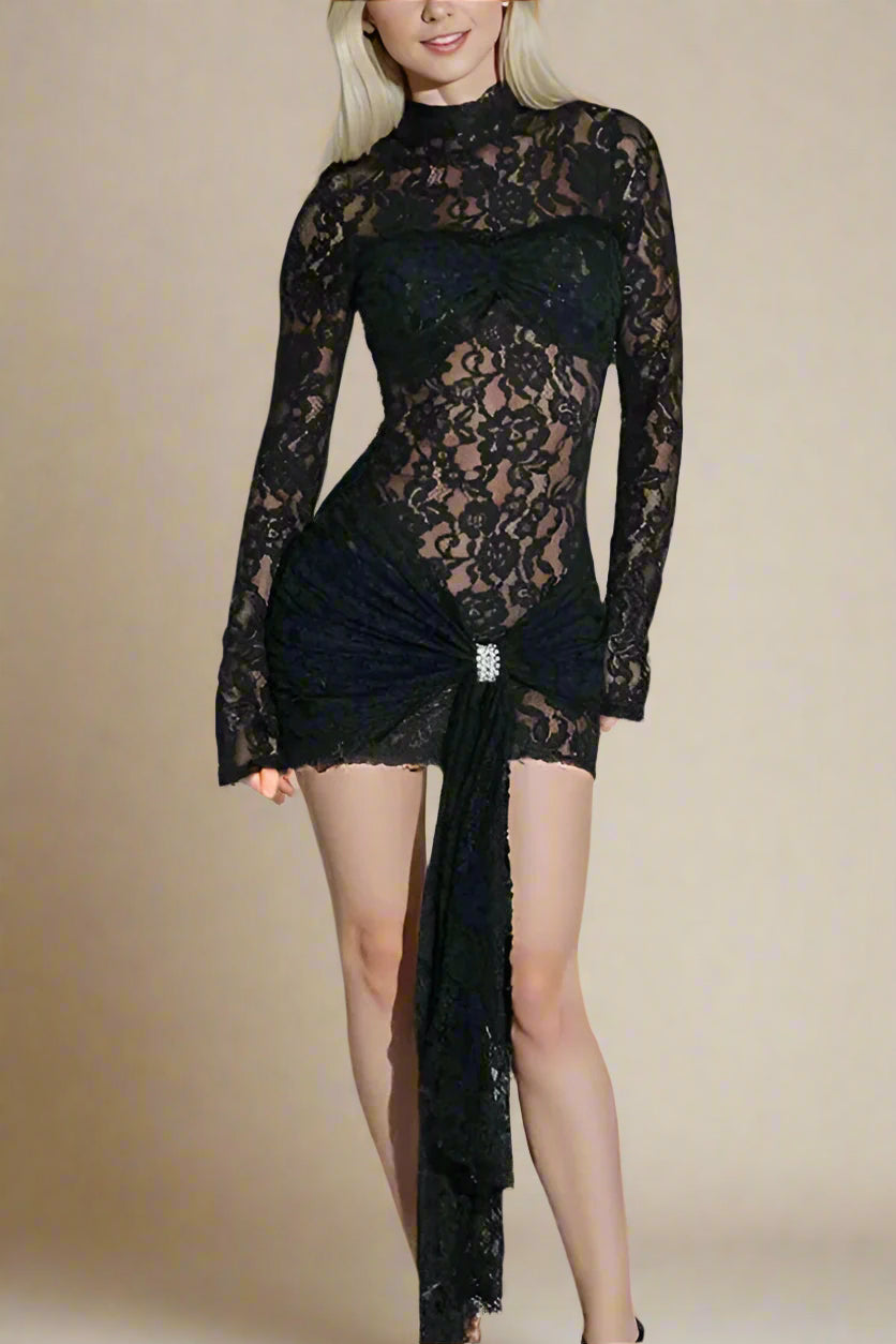 Woman wearing a figure flattering Andie Long Sleeve Bodycon Wrap Mini Dress - Classic Black BODYCON COLLECTION