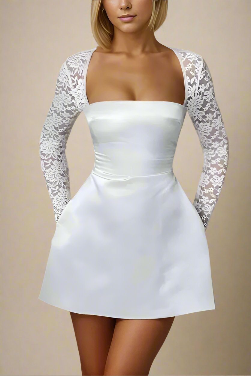 Woman wearing a figure flattering Andy Long Sleeve Mini Dress - Pearl White BODYCON COLLECTION