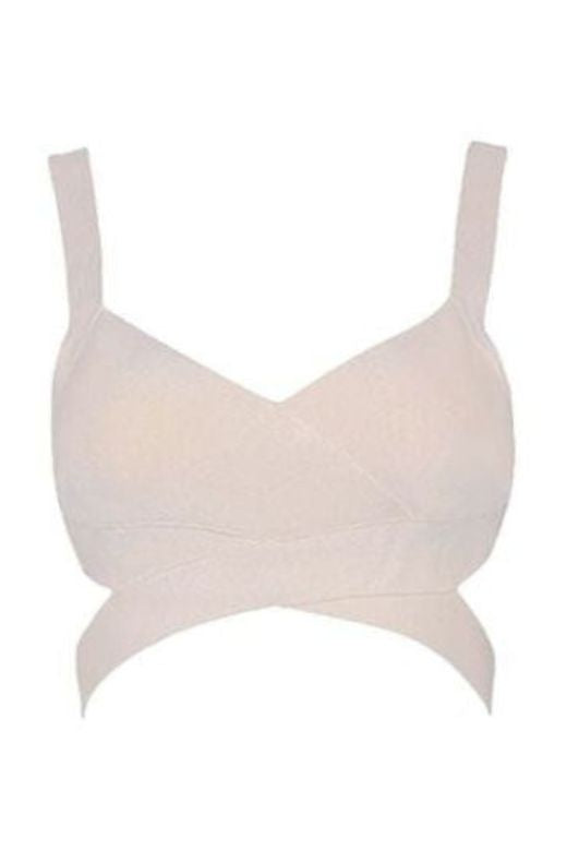 Woman wearing a figure flattering Ang Bandage Crop Top - Cream BODYCON COLLECTION