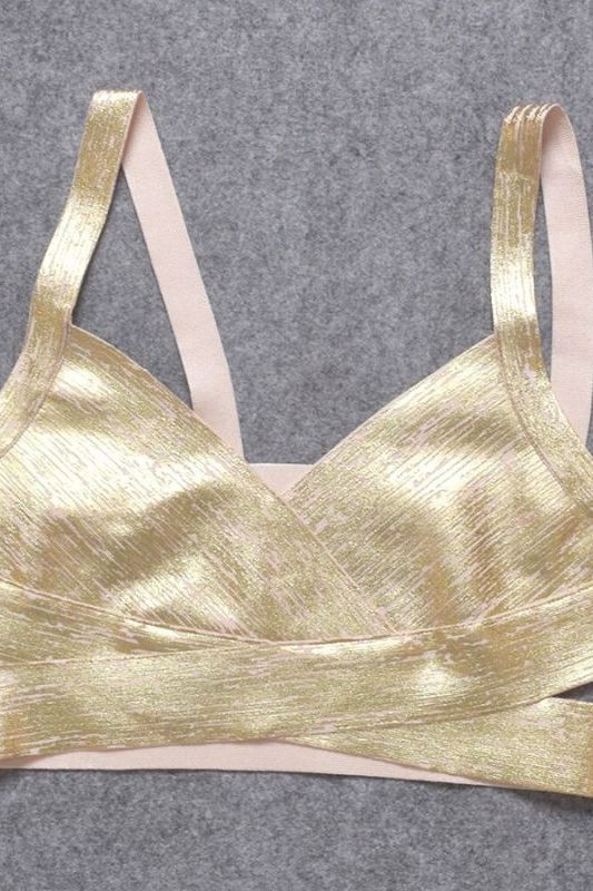 Woman wearing a figure flattering Ang Bandage Crop Top - Gold BODYCON COLLECTION