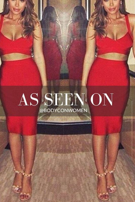 Woman wearing a figure flattering Ang Bandage Top and Knee Length Skirt Set- Cream BODYCON COLLECTION