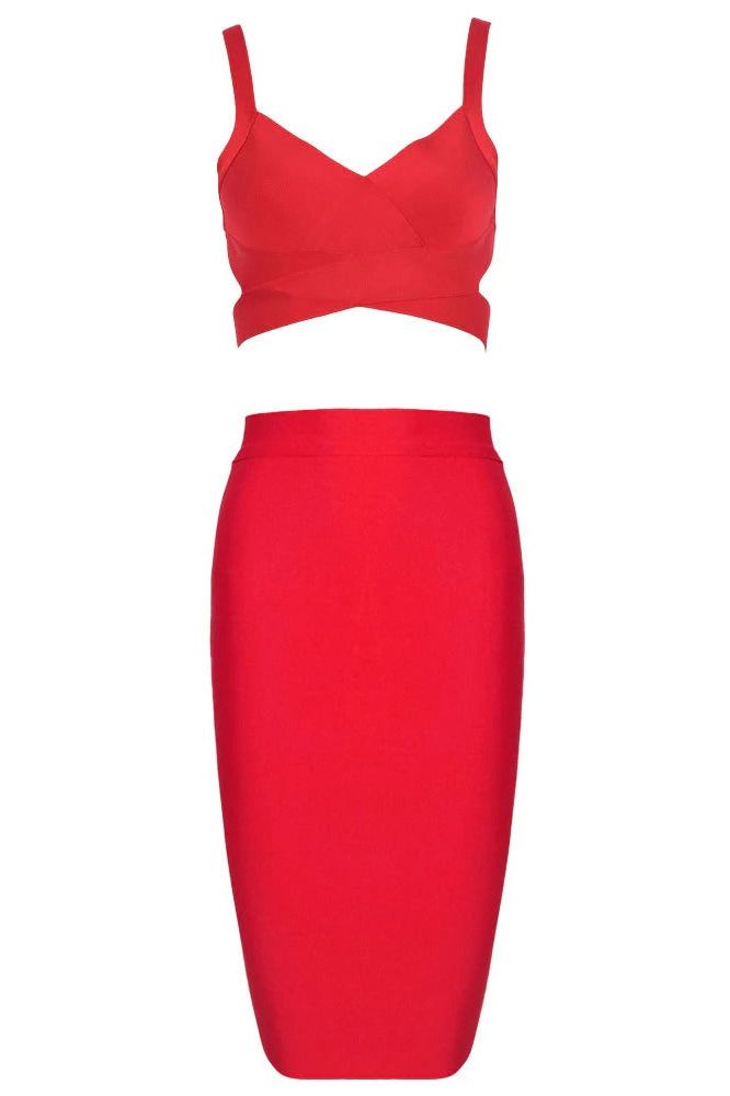 Woman wearing a figure flattering Ang Bandage Top and Knee Length Skirt Set - Lipstick Red BODYCON COLLECTION