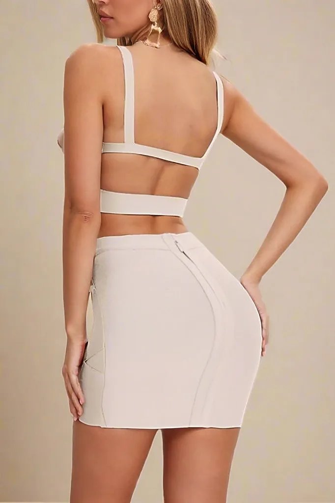 Woman wearing a figure flattering Ang Bandage Top and Mini Skirt Set - Cream BODYCON COLLECTION