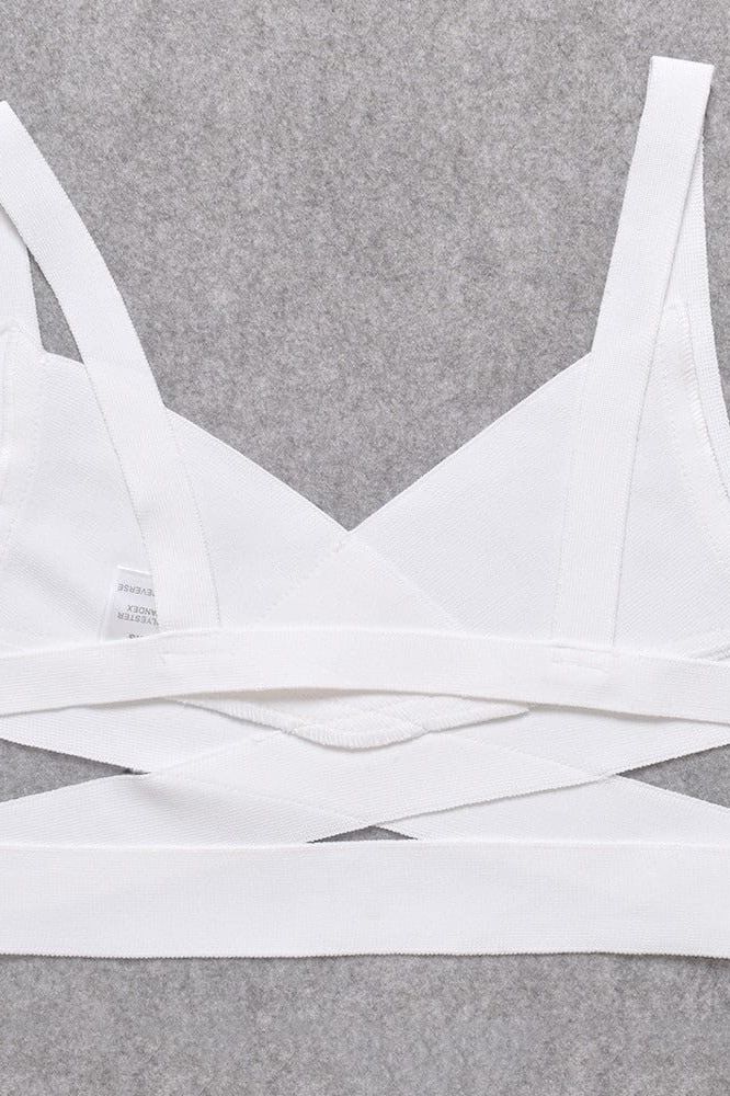 Woman wearing a figure flattering Ang Bandage Top and Mini Skirt Set - Pearl White BODYCON COLLECTION