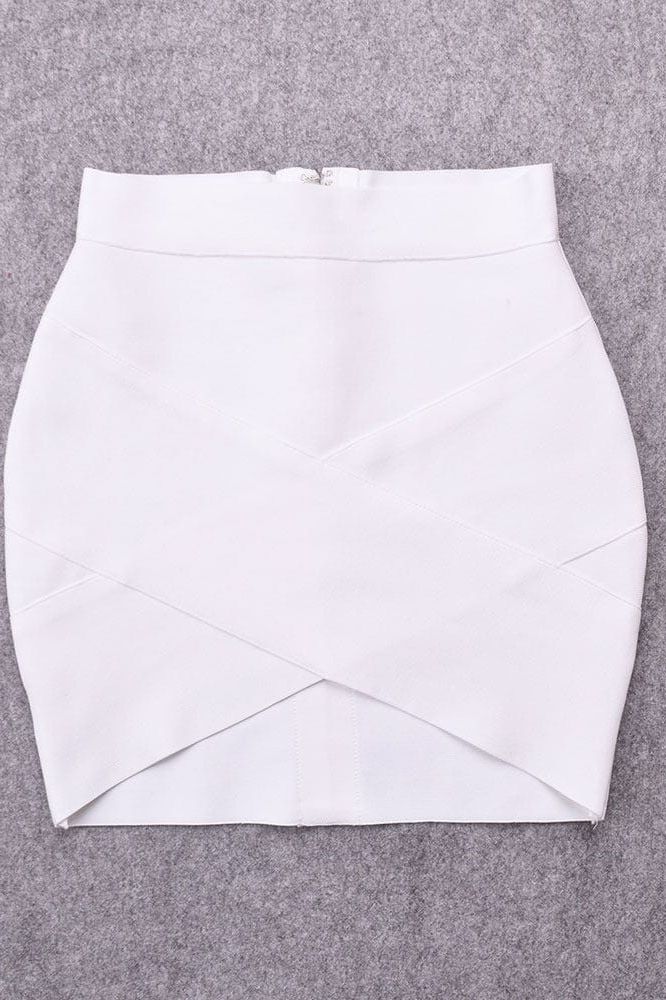 Woman wearing a figure flattering Ang Bandage Top and Mini Skirt Set - Pearl White BODYCON COLLECTION