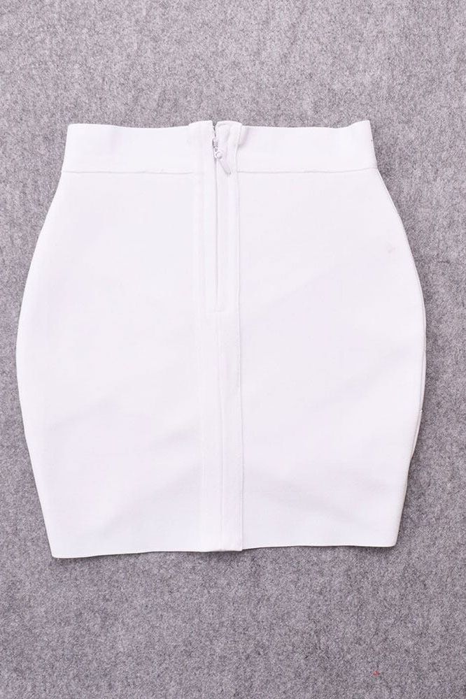 Woman wearing a figure flattering Ang Bandage Top and Mini Skirt Set - Pearl White BODYCON COLLECTION