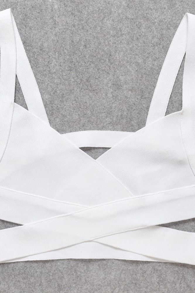 Woman wearing a figure flattering Ang Bandage Top and Mini Skirt Set - Pearl White BODYCON COLLECTION