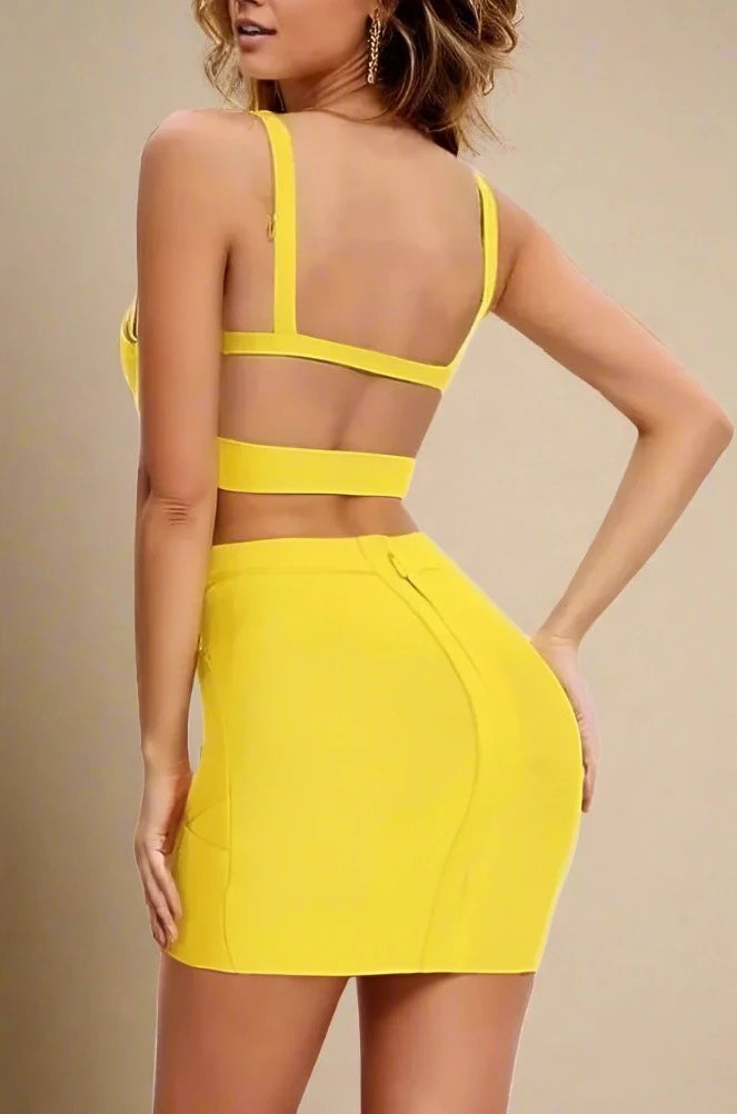 Woman wearing a figure flattering Ang Bandage Top and Mini Skirt Set - Sun Yellow BODYCON COLLECTION