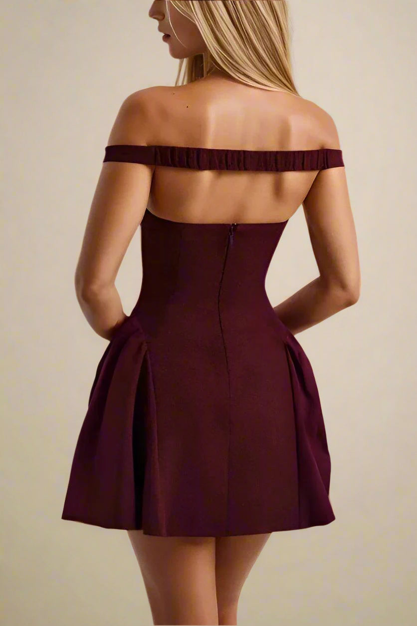 Woman wearing a figure flattering April Bodycon Mini Dress - Red Wine BODYCON COLLECTION