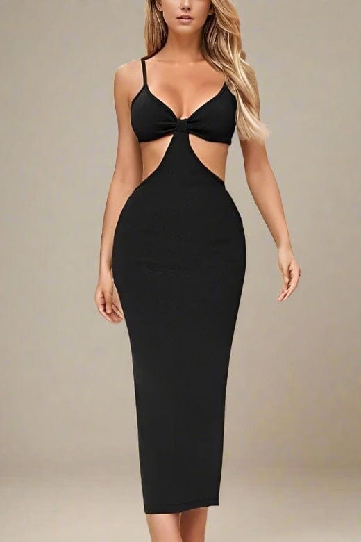 Woman wearing a figure flattering Aria Bodycon Day Maxi Dress - Classic Black BODYCON COLLECTION
