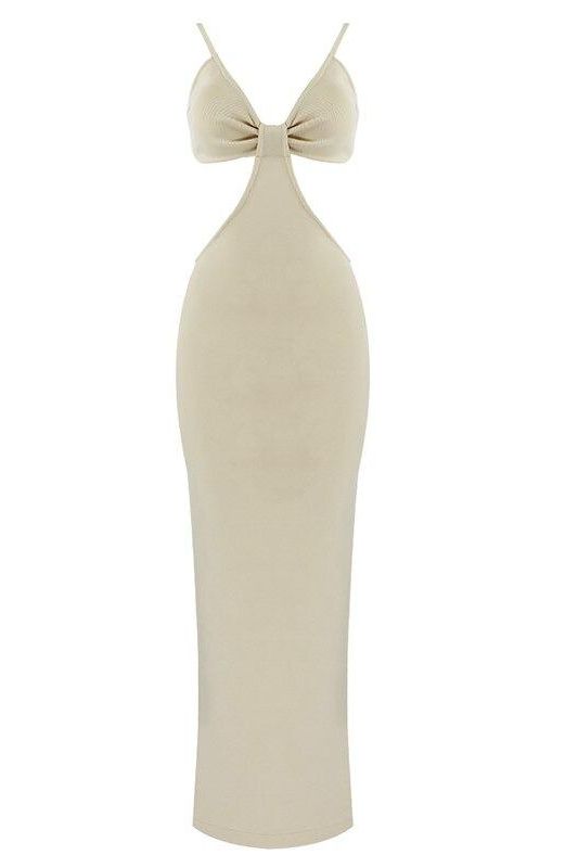 Woman wearing a figure flattering Aria Bodycon Day Maxi Dress - Cream BODYCON COLLECTION