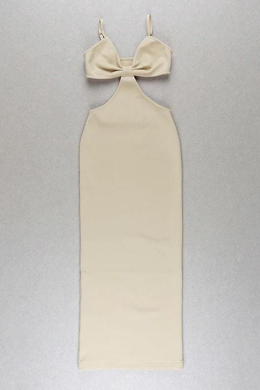 Woman wearing a figure flattering Aria Bodycon Day Maxi Dress - Cream BODYCON COLLECTION