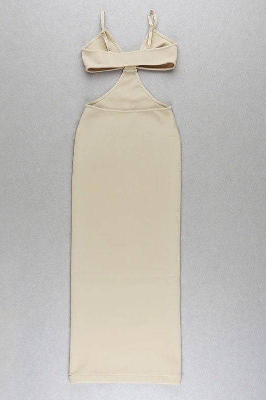Woman wearing a figure flattering Aria Bodycon Day Maxi Dress - Cream BODYCON COLLECTION