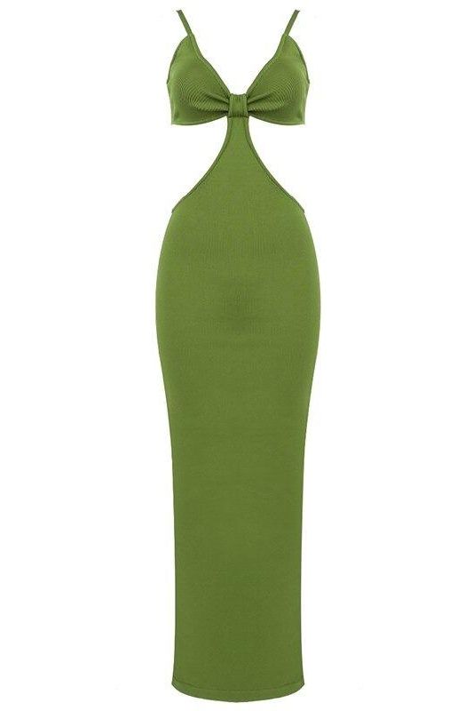 Woman wearing a figure flattering Aria Bodycon Day Maxi Dress - Emerald Green BODYCON COLLECTION