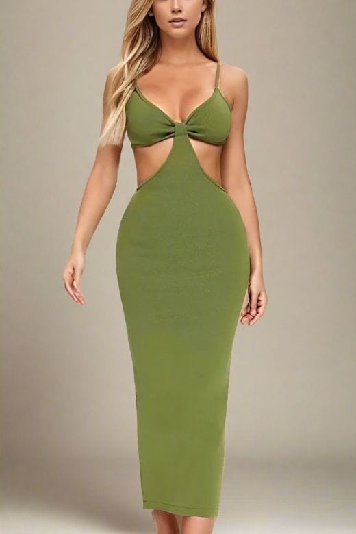 Woman wearing a figure flattering Aria Bodycon Day Maxi Dress - Emerald Green BODYCON COLLECTION