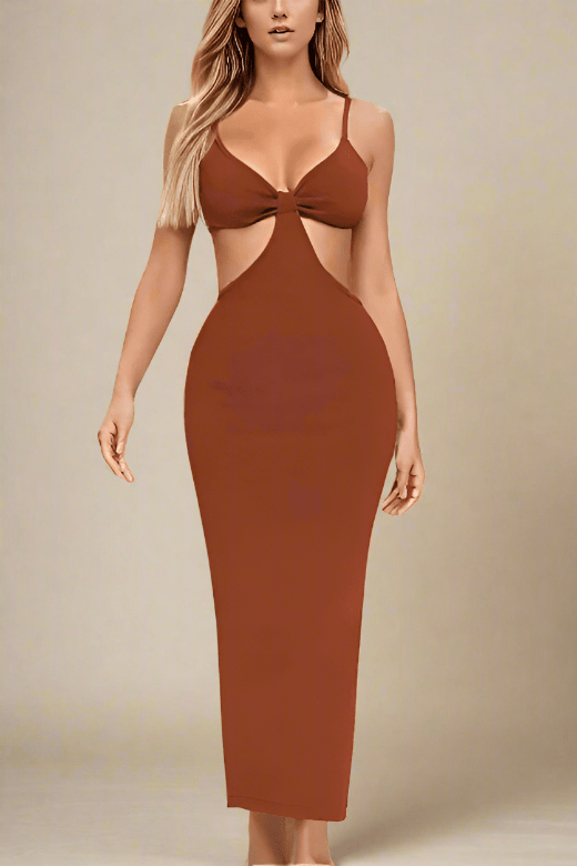 Woman wearing a figure flattering Aria Bodycon Day Maxi Dress - Tan Brown BODYCON COLLECTION