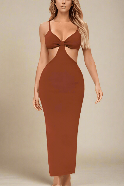 Woman wearing a figure flattering Aria Bodycon Day Maxi Dress - Tan Brown BODYCON COLLECTION