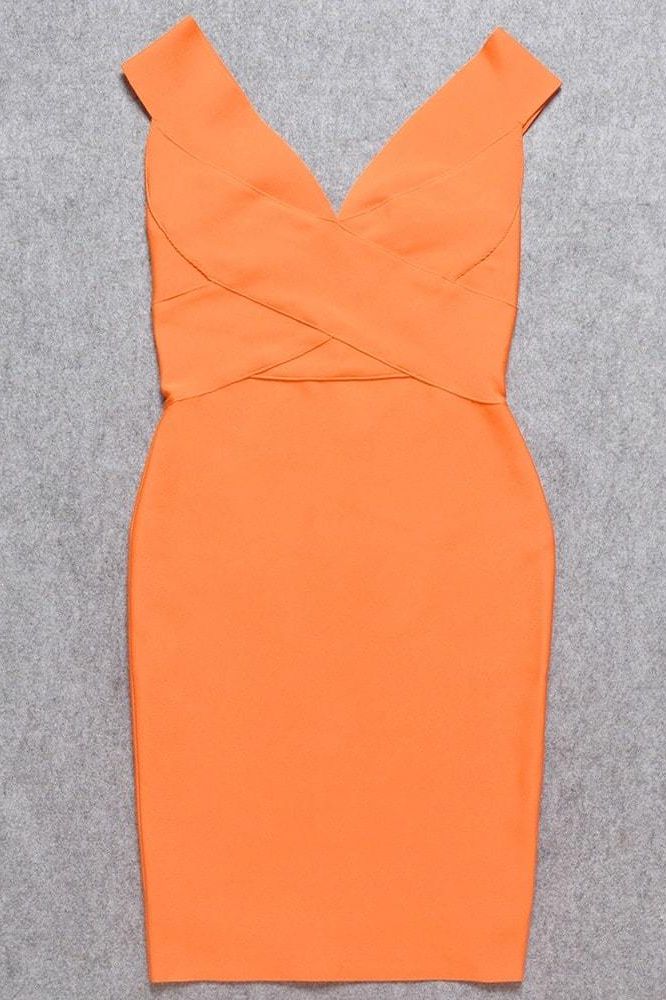 Woman wearing a figure flattering Ash Bandage Dress - Apricot Orange Bodycon Collection