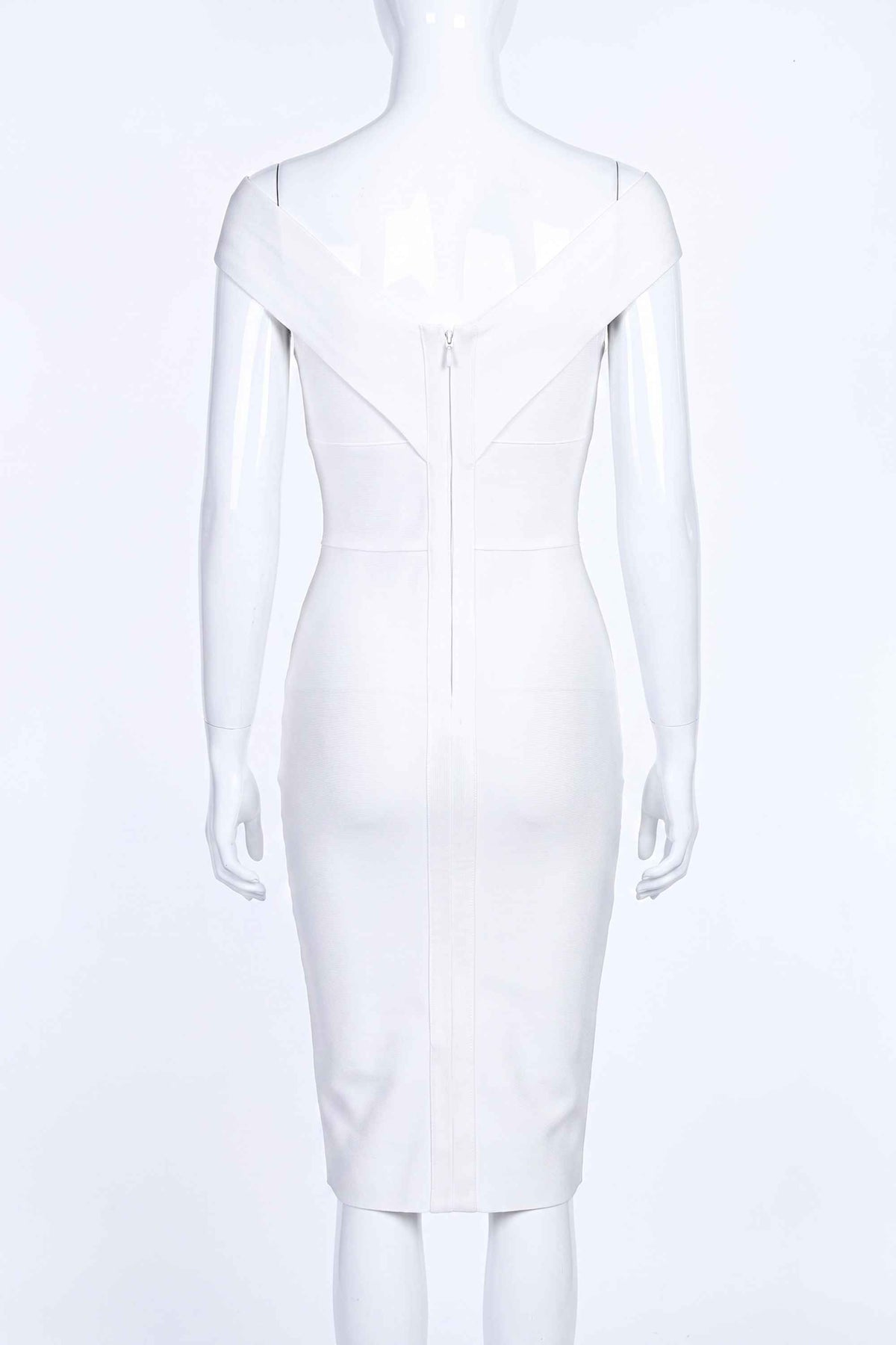 Woman wearing a figure flattering Ash Bandage Dress - Pearl White Bodycon Collection