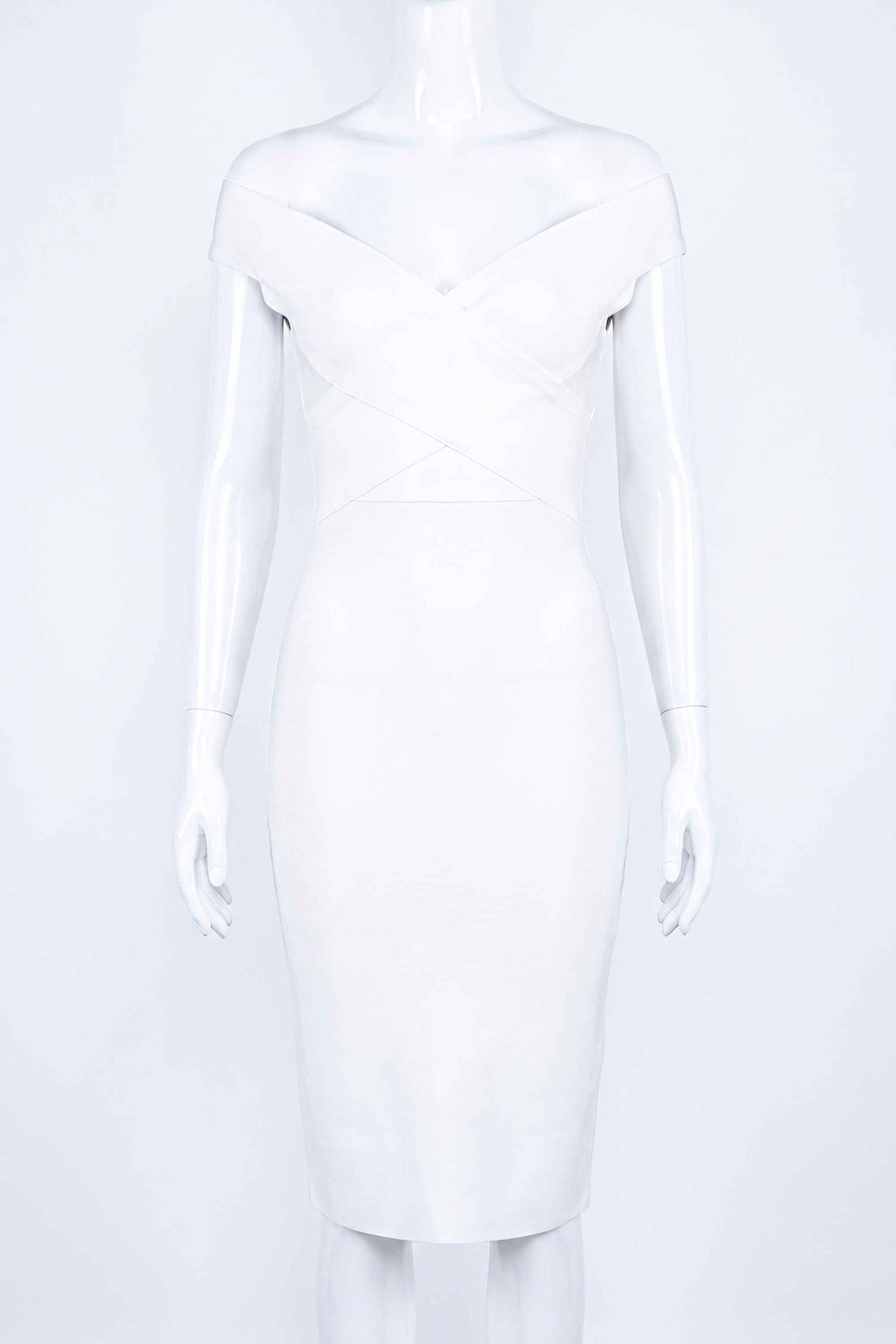 Woman wearing a figure flattering Ash Bandage Dress - Pearl White Bodycon Collection