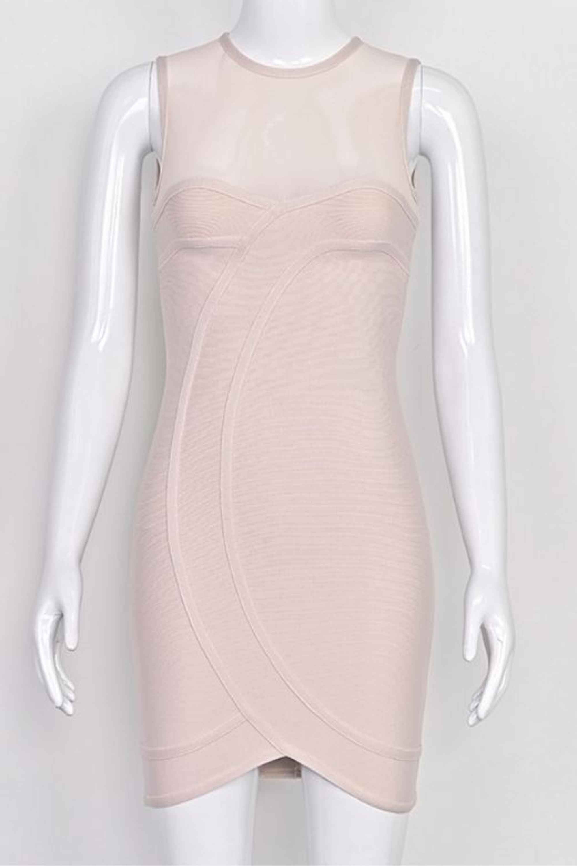 Woman wearing a figure flattering Aspen Bodycon Mini Dress - Nude BODYCON COLLECTION Pty Ltd