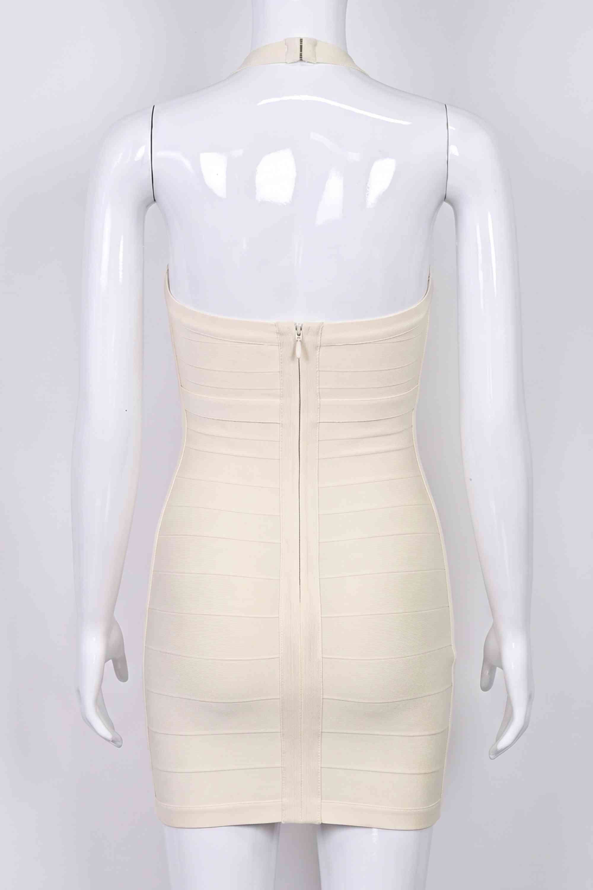 Woman wearing a figure flattering Athena Bandage Mini Dress - Cream BODYCON COLLECTION Pty Ltd