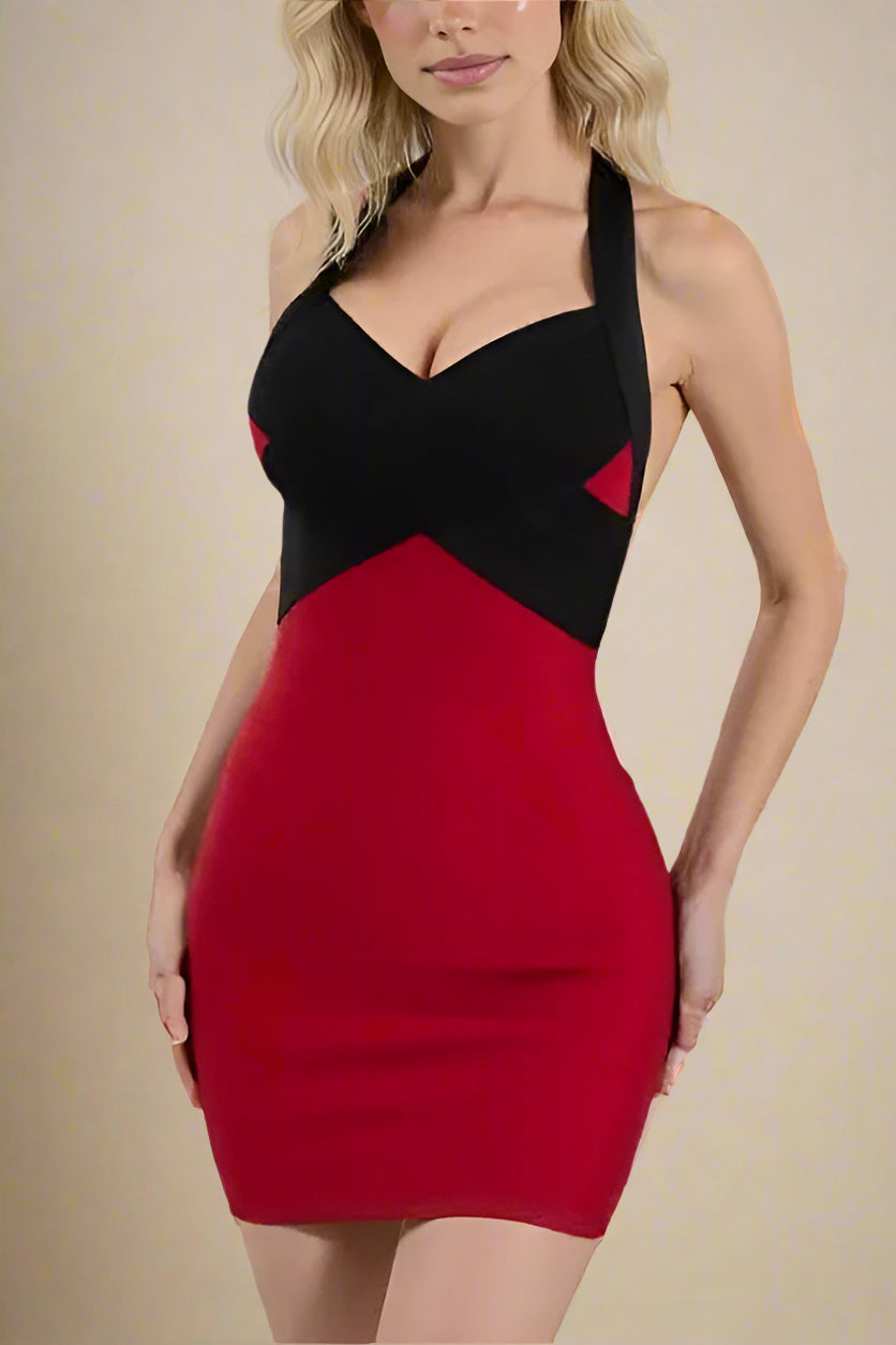 Woman wearing a figure flattering Audrey Bandage Mini Dress - Cherry Red BODYCON COLLECTION Pty Ltd