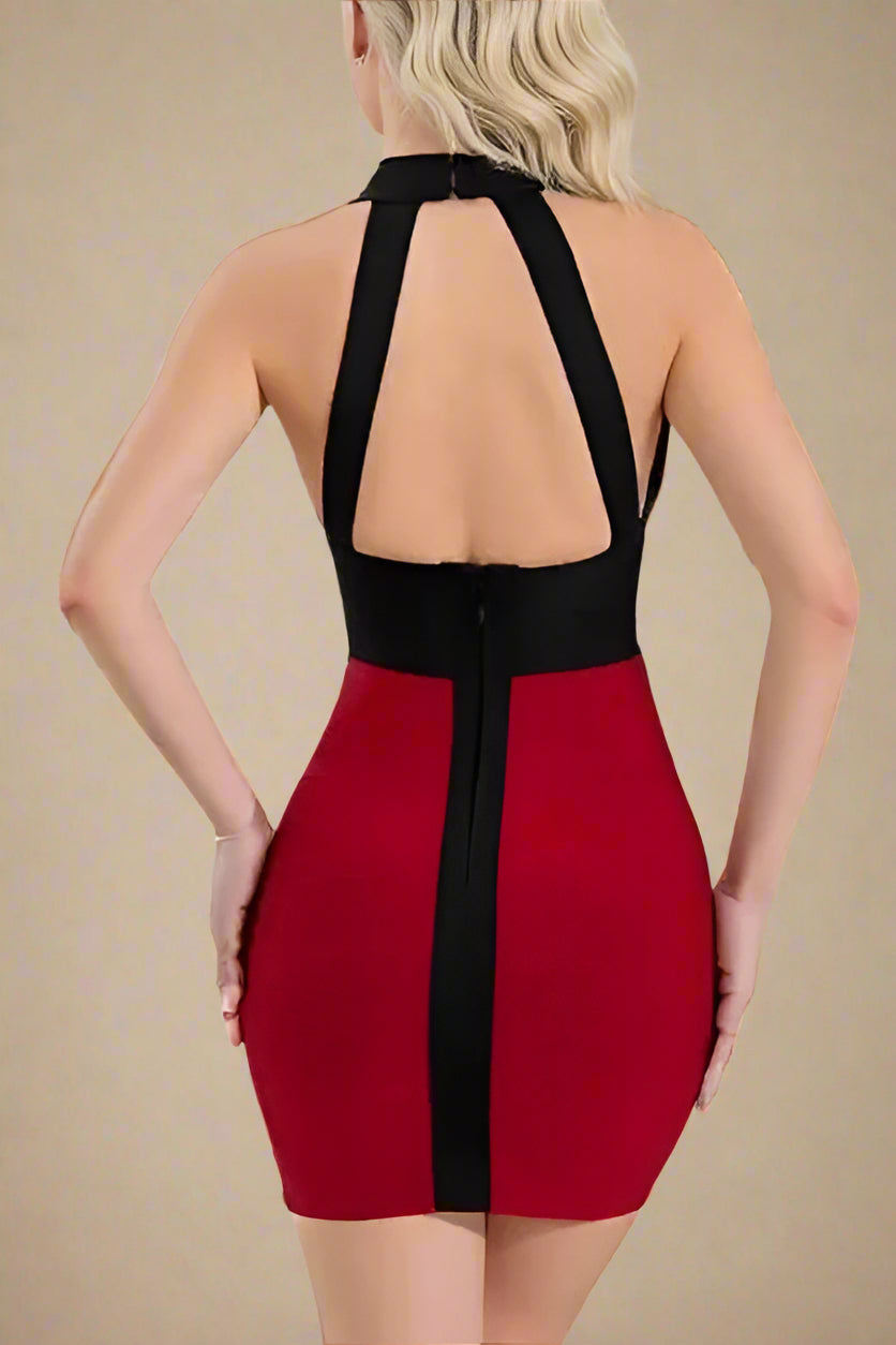 Woman wearing a figure flattering Audrey Bandage Mini Dress - Cherry Red BODYCON COLLECTION Pty Ltd