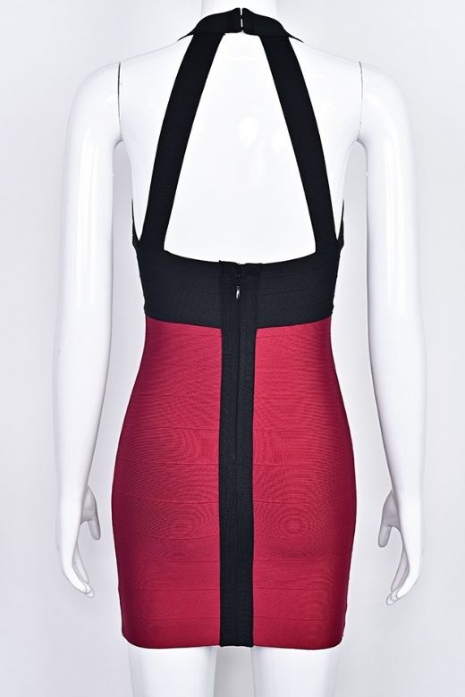 Woman wearing a figure flattering Audrey Bandage Mini Dress - Cherry Red BODYCON COLLECTION Pty Ltd