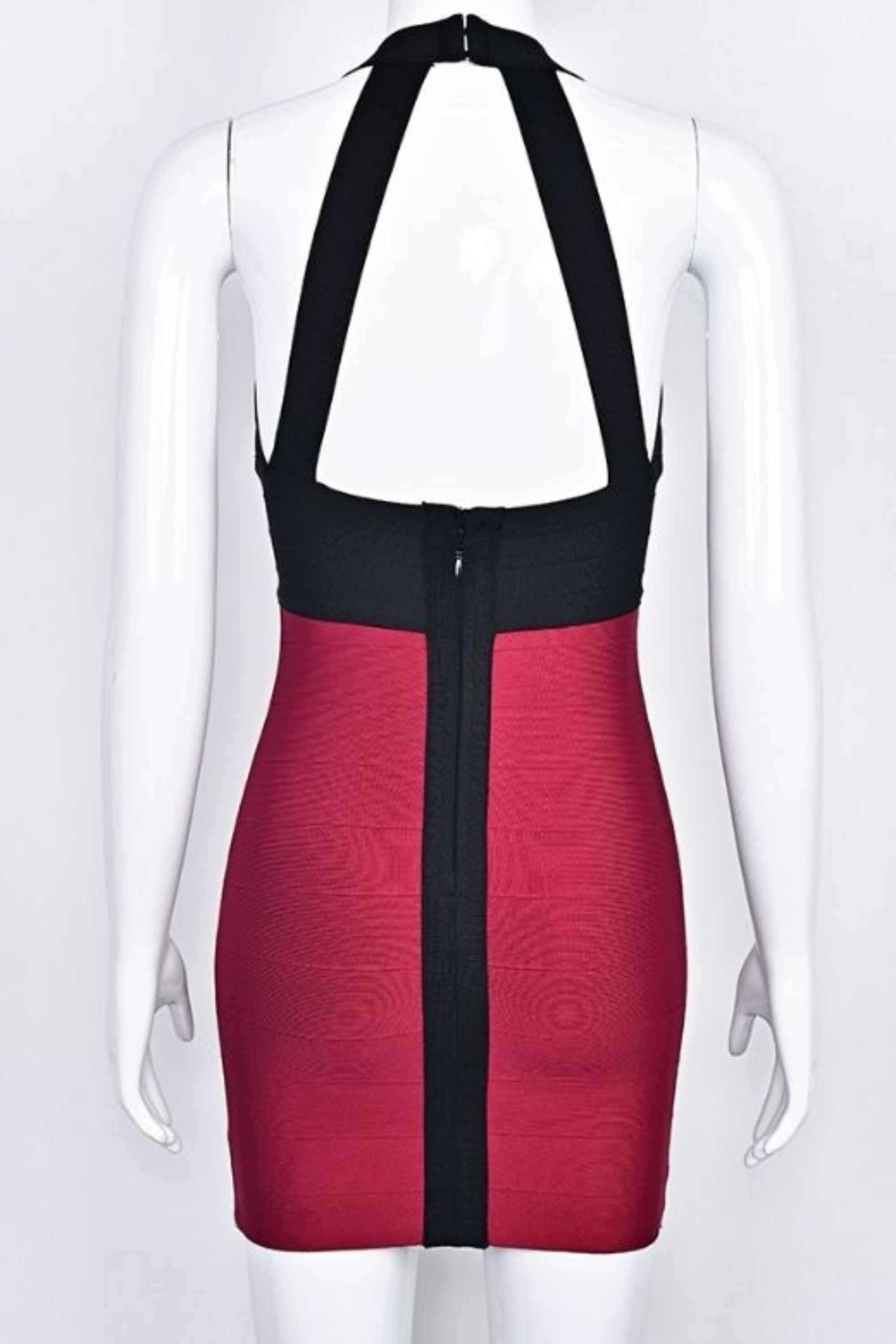 Woman wearing a figure flattering Audrey Bandage Mini Dress - Cherry Red BODYCON COLLECTION Pty Ltd