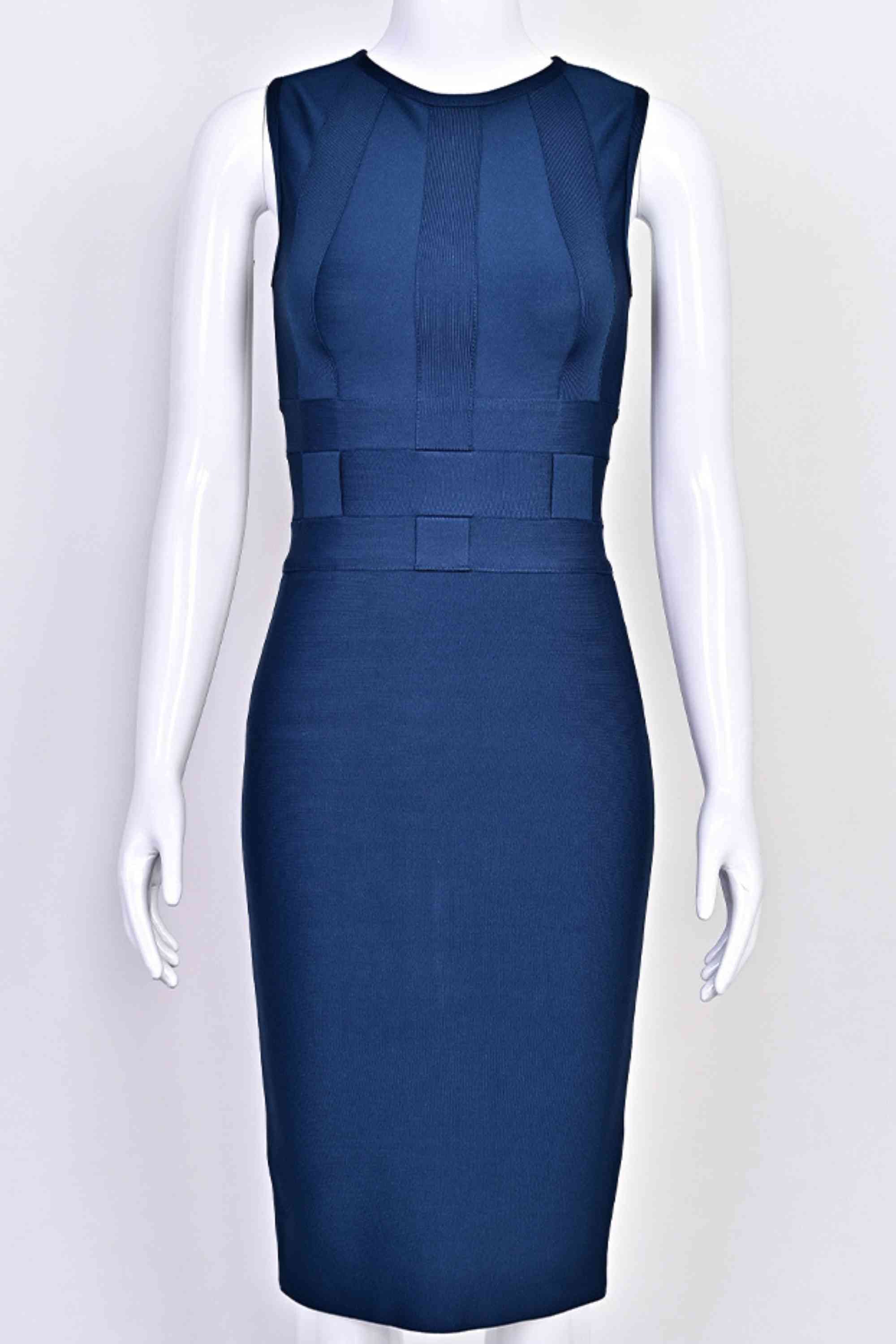 Woman wearing a figure flattering Aurora Bandage Dress - Navy Blue BODYCON COLLECTION Pty Ltd