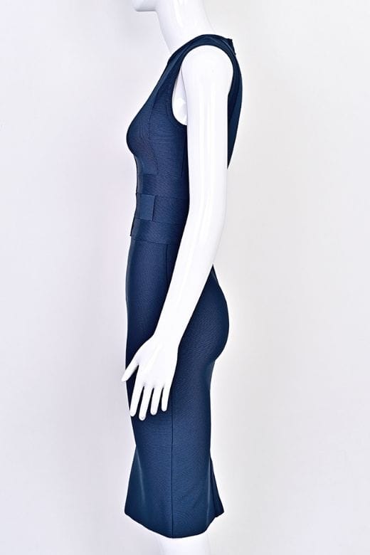Woman wearing a figure flattering Aurora Bandage Dress - Navy Blue BODYCON COLLECTION Pty Ltd