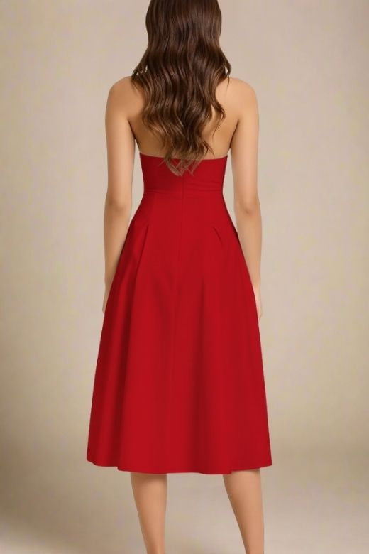 Woman wearing a figure flattering Austen Bodycon Midi Dress - Chilli Red BODYCON COLLECTION